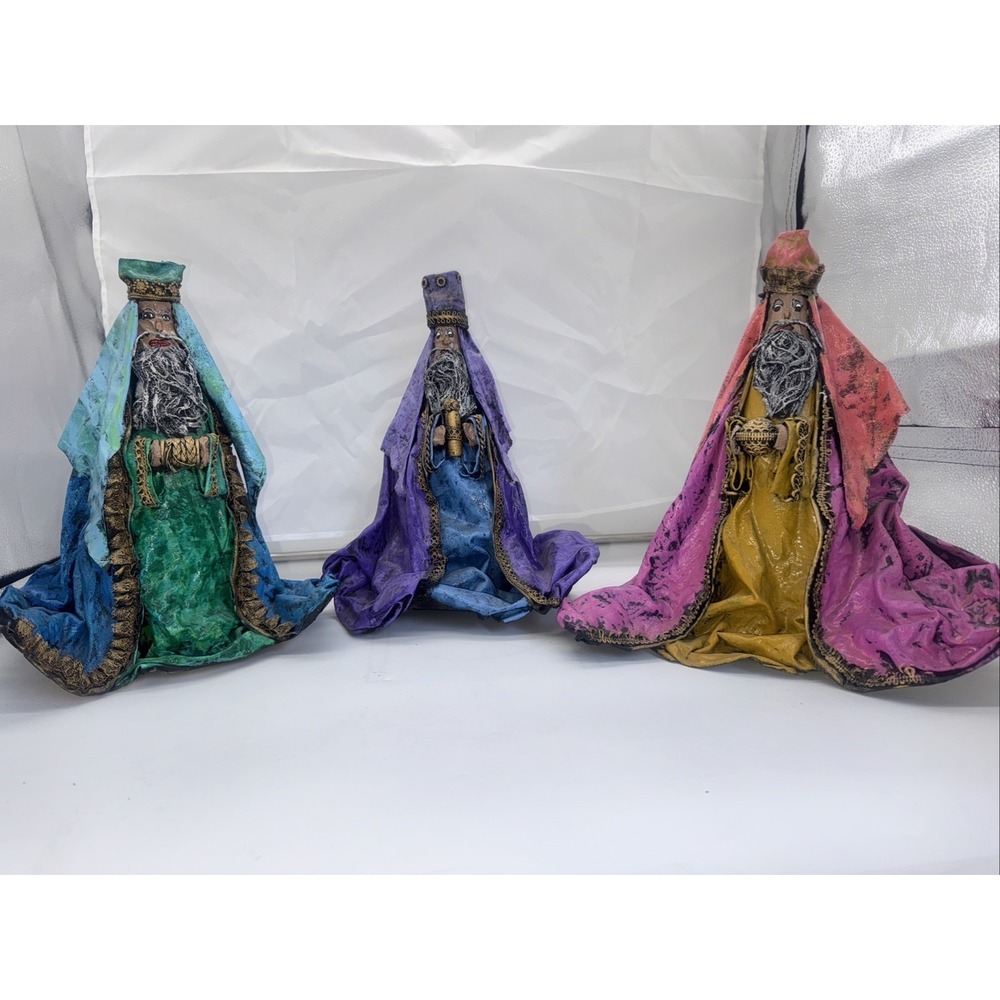 3 Wise Men Handmade Paper Mache Folk Art Jewels Christmas 3 Kings Textured 12"‎